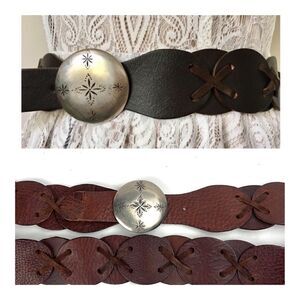 GARUGLIERI Italian Wide Leather Medallion Belt with Snowflake Buckle L